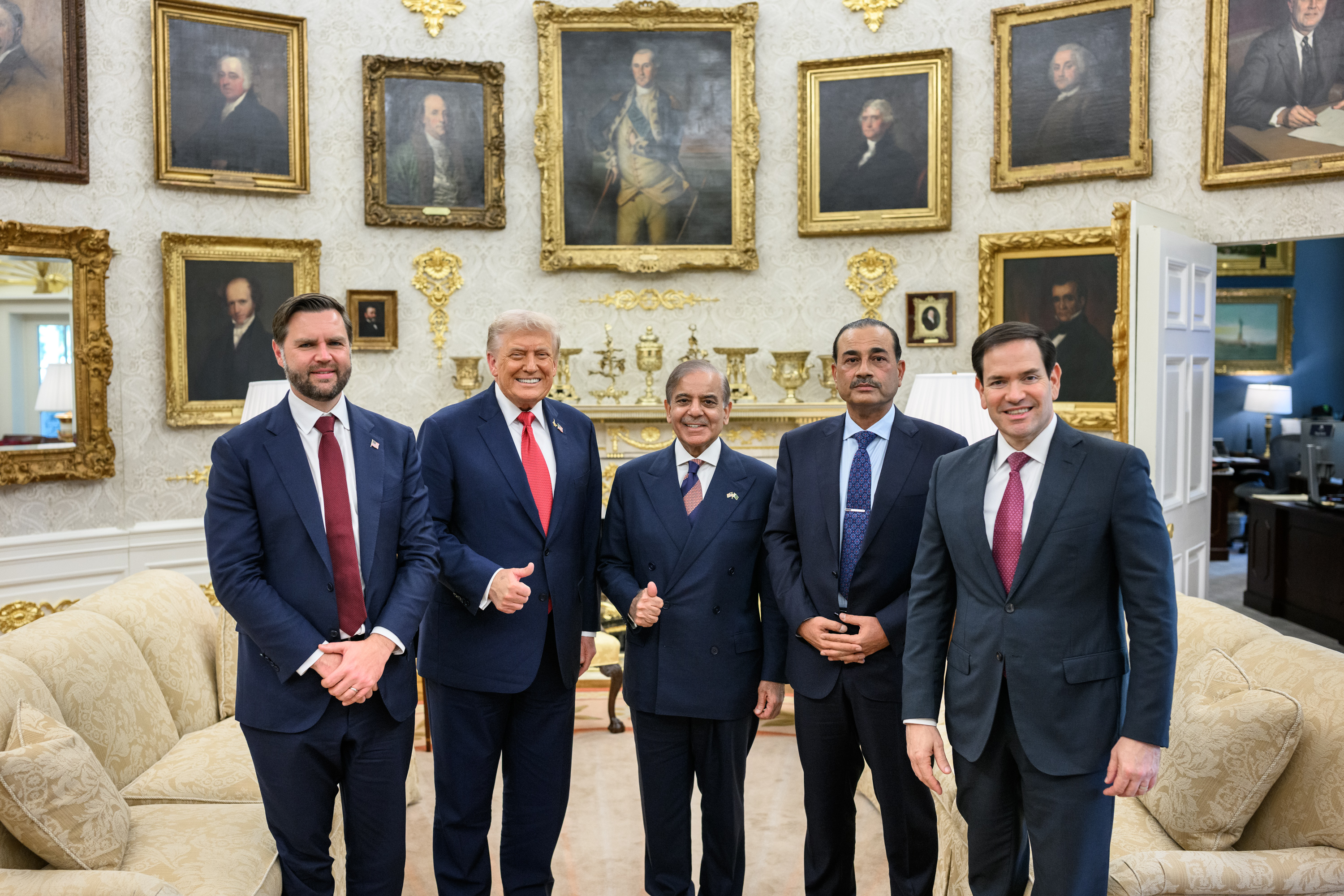 President Donald Trump in the Oval Office with Pakistan's Prime Minister Shehbaz Sharif and Field Marshal Asim Munir, joined by Vice President JD Vance and Secretary of State Marco Rubio